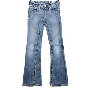Miss Me GIRLS Boot Cut Blue Jeans Size 12 0/XS 24x29 JK5554B Blue & Gold Bling